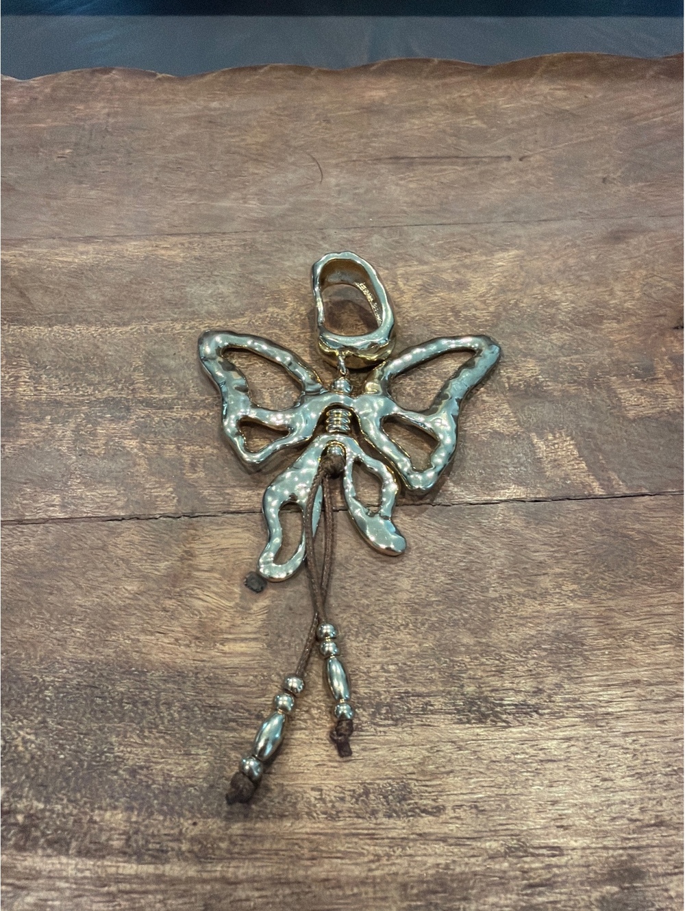 Vintage Hammered Metal Butterfly Pendant with Beaded Tassels